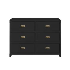 a black dresser with gold handles and drawers on the bottom, against a white background