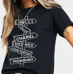 designer inspired direction tee Ysl Shirt, Fashion Logo Inspiration, Graphic Tshirt Outfit, Chanel T Shirt, Can Life, Louis Vuitton T Shirt, Luxury Lifestyle Fashion, Shirt Design Inspiration, Fits Clothes