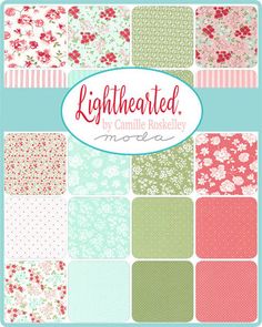 the lighthearted fabric collection is shown in pink, green and red flowers on white