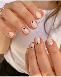 Minimalistic Short Nails Design, Minimalist Nail Art Fall, Short Rounded Square Acrylic Nails, Short Nail Art Fall, Neutral Short Nail Designs, Simple Engagement Nails, Short White Nail Ideas, Minimal Nail Ideas, Super Short Nail Designs