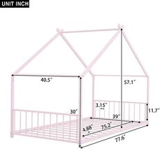 a white bed frame with measurements for the top and bottom half of it, which is shown