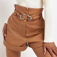 River Island Faux Leather Shorts Sz 4 Nwt! Beautiful And Sexy, These River Island Faux Leather Shorts Feature A Flat Front Waistband With Paper Bag Style In Back, Comfy Lining, Two Side Pockets! Also Includes A Beautiful Gold Buckle Belt W/Snaps In Back For A Perfect Fit! Size 4. Measurements And Fabric Info In Pics! Brown Faux Leather Bottoms With Belt Loops, High Waist Faux Leather Bottoms With Belt Loops, Chic Belted Shorts For Night Out, Fall Shorts With Belt Loops For Night Out, Spring Faux Leather Shorts With Belt Loops, Party-style Belted Bottoms In Short Length, Party Faux Leather Belted Bottoms, Chic Short Bottoms With Belt, Faux Leather Shorts With Belt Loops For Work