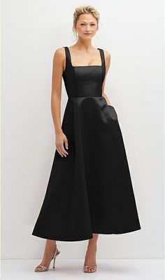 Square Neck Satin Midi Bridesmaid Dress With Full Skirt & Pockets In Black | The Dessy Group Chic Square Neck Midi Dress For Party, Solid Square Neck Dress For Night Out, Square Neck Midi Dress For Date Night, Fitted Bodice Midi Dress For Evening, Solid Color Evening Midi Dress With Fitted Bodice, Solid Square Neck Midi Dress For Night Out, Square Neck Midi Dress With Fitted Bodice For Party, Solid Color Midi Dress With Fitted Bodice For Evening, Solid Midi Dress With Square Neck For Night Out