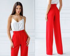 FREE STANDARD SHIPPING 14-21 DAYS / UPS EXPRESS SHIPPING 5-8 DAYS High Waist Trousers Camel Palazzo Pants For Women Size: XS,S,M,L Color: Beige,Black.,Blue,Red Material: Crepe diagonal XS Chest girth 82-86 cm Waist girth 59-63 cm Hip girth 86-90 cm S Chest girth 86-90 cm Waist girth 63-67 cm Hip girth 90-94 cm M Chest girth 90-94 cm Waist girth 68-71 cm Hip girth 94-98 cm L Chest girth 94-98 cm Waist girth 71-75 cm Hip girth 98-104 cm SHIPPING If you want to have express shipping by UPS Express, please, upgrade while checking out.   ⚠ Please note that buyers are responsible for any customs and import taxes that may apply in their country. The seller is not responsible for these charges. If in doubt, please check your country's customs regulations. Red Wide-leg Pants For Office, Red Summer Office Pants, Sewing Factory, High Waist Trousers, Red High, Palazzo Pants, High Waisted Trousers, Ukraine, Capri Pants