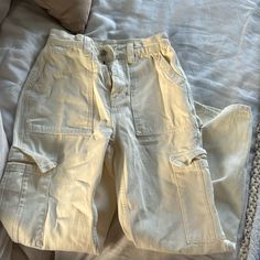 Never Worn Pacsun Carpenter Jeans! Cutest Light Cream Color And Perfect Condition! True Size 26 And Lightweight Yellow Summer Cargo Pants, Yellow Cotton Cargo Pants For Summer, Cream Wide Leg Cargo Pants For Summer, Wide-leg Cream Cargo Pants For Summer, Casual Cream Cargo Pants For Summer, Casual High Rise Yellow Pants, Casual Yellow Cargo Pants For Spring, Casual Yellow High Rise Pants, Yellow High-rise Pants For Summer