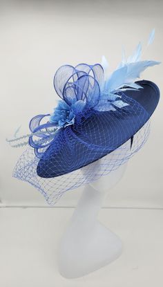 Beautiful large blue fascinator adorn with feathers and flowers with an option for veil or no veil. Style to go with a variety of outfits: bridesmaids, cocktail party, Kentucky Derby, Rehearsal dinner, Easter and church outfits. Ones with hair clip and headband. Are you trying to match an outfit? Send a picture and I will help you find a best hat to match your outfit. - Rare find - Ready to ship - Lightweight - Free Shipping - Fast shipping - Customize by adding different color flowers and or fe Veil Or No Veil, English Hats, Kentucky Derby Outfit, Cake Custom, Easter Hat, Blue Fascinator, Veiled Hats, Derby Outfits, Occasion Hats