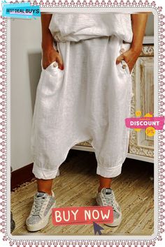 Casual Plus Size Cotton Linen Pants Baggy Solid Color Summer Bottoms, Summer Baggy Solid Color Bottoms, High Waist Solid Color Baggy Capris, White Baggy High Waist Harem Pants, White High Waist Baggy Harem Pants, Baggy Ankle-length Summer Capris, White Harem Pants With Pockets For Spring, Baggy Ankle-length Capris For Summer, White High-waisted Relaxed Fit Harem Pants