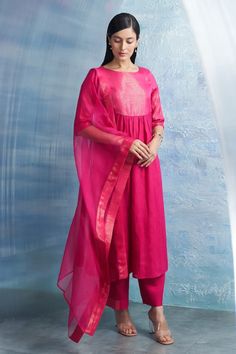 Fuchsia pink kurta with stripe woven motifs on yoke. Paired with cotton satin pant and border woven dupatta. - Aza Fashions Festive Pink Handloom Anarkali Set, Pink Kurta With Zari Weaving For Festive Occasions, Pink Zari Weave Kurta For Festive Occasions, Festive Pink Kurta With Zari Weaving, Pink Chanderi Handloom Kurta, Pink Kurta With Zari Weaving In Traditional Drape, Pink Handloom Kurta With Traditional Drape, Pink Traditional Drape Handloom Kurta, Traditional Drape Pink Handloom Kurta