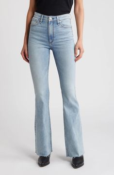 rag & bone Casey Raw Hem High Waist Flare Jeans | Nordstrom Medium Wash Flare Bottoms With Frayed Hem, High Rise Flare Jeans With Frayed Hem, Trendy Medium Wash Flares With Frayed Hem, Fitted Wide Leg Flares With Frayed Hem, High Waist Medium Wash Flare Jeans With Frayed Hem, Fitted Denim Flares With Frayed Hem, Mid-rise Flare Jeans With Frayed Hem In Medium Wash, High Rise Flares With Frayed Hem For Fall, Spring Denim Blue Flares With Frayed Hem