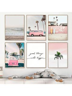 four pink cars and palm trees on the beach