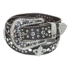 A wide belt that features a statement buckle and keeper. Great for a western or jean look with plenty of attractive details. Rhinestones and studs separate the line of rhinestone fluer-de-lis accents. Beaded sewn detail frames the wide strap to complete the style. The big buckle and keeper boasts etching and inlayed rhinestones. Made of 100% Faux Leather Y2k Belt, Bling Belts, Belt Pack, Plus Size Belts, Rhinestone Belt, Jean Belts, Casual Belt, Braided Belt, Studded Belt