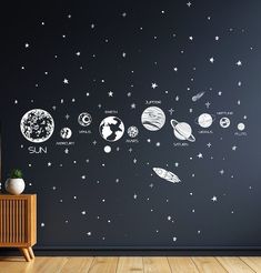 the solar system wall decals are shown in this room