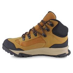 a pair of yellow and black hiking boots