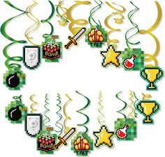 an image of some type of decoration on a white background with green and yellow streamers