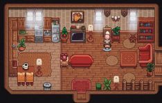 an overhead view of a living room and kitchen in a pixel art style video game