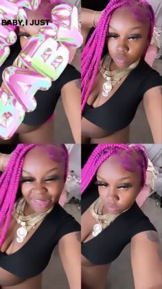 a woman with pink dreadlocks in four different pictures, one is wearing a black shirt and the other has purple hair