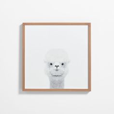 a white llama framed in a wooden frame