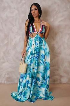 Blue Fitted Dress For Vacation, Blue Lined Maxi Dress, Blue Halter Neck Lined Dresses, Blue Lined Halter Neck Dress, Chic Blue Maxi Dress For The Beach, Chic Blue Maxi Dress For Beach, Casual Blue Halter Neck Dress, Light Blue Halter Neck Dress For Beach Season, Chic Blue Dress For Vacation