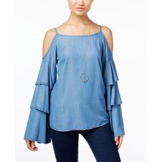 Inc International Concepts Denim Ruffled Cold Shoulder Top Trendy Ruffled Denim Top For Fall, Chic Ruffled Denim Top For Summer, Trendy Ruffled Denim Top For Spring, Chic Denim Top With Ruffles For Spring, Casual Ruffled Denim Top For Fall, Casual Ruffle Denim Top For Fall, Casual Fall Denim Top With Ruffles, Denim Blue Ruffled Top For Day Out, Trendy Denim Blue Top With Ruffles