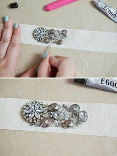 two pictures showing how to make an embellished hair clip with beads and buttons