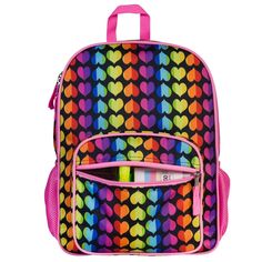 Your child will be the talk of the playground with Wildkin's Kids Eco Backpack for boys and girls! Eye-catching patterns and a functional design come together to make this backpack for boys and girls a fun addition to your childs school and travel essentials. A recycled polyester exterior is a sustainable and durable choice, and an antimicrobial lining ensures odor free use. Two padded, adjustable shoulder straps and a padded back provide comfort, while the durable top handle is perfect for han Cheap Rainbow School Bags, Cheap Playful Multicolor Backpack, Playful Multicolor Backpack, Rainbow-colored Standard Backpack For School, Eco Backpack, Playful Multicolor Unicorn Print Bags, Rainbow Hearts, Boys Backpacks, Girl Rainbow