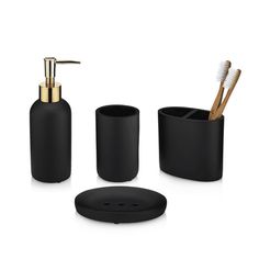 black bathroom accessories including toothbrush holder and soap dispenser