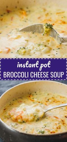 broccoli cheese soup in a pot with a spoon