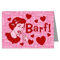 a greeting card featuring a woman brushing her teeth with the word barf on it