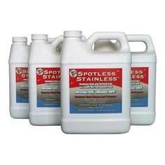 three gallon bottles of spotless stainless cleaner