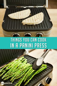 there is a panini maker with asparagus on it and the words, things you can cook in a panini press