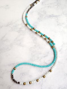 Bexley-Aqua-White-Hematite-Brass-Beaded-Layering-Necklace-Bracelet Eyeglass Chain, Brass Necklace, Bead Stringing, Bracelet Stack, Delicate Bracelet, Beaded Necklace, Beaded Bracelets, Necklaces, Brass