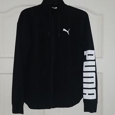 Black Workout Jacket W. Puma Logo Sleeve Black Fleece Workout Outerwear, Black Fleece Outerwear For Workout, Black Outerwear For Workout During Sports Season, Grey Puffer Jacket, Mesh Hoodie, Layering Jacket, Grey Puffer, Puma Logo, Tracksuit Jacket