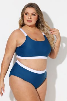 Plus Size Blue & White Colorblock Bikini Top Blue Sporty Tankini For Beach Season, Sporty Blue Tankini For Beach Season, Sporty Blue Swimwear With Contrast Color, Sporty Blue Tankini For Vacation, Blue Color Block Tankini For Poolside, Blue Contrast Color Swimwear For Poolside, Blue Color Block Tankini, Blue Color Block Tankini Beachwear, Sporty Blue Swimwear For Sunbathing