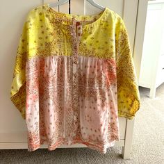 Nwt. Pretty Blouse With Fun Detail. Sleeves Are 3/4 Length. Fit Is Relaxed. Yellow Bohemian Short Sleeve Blouse, Bohemian Yellow Short Sleeve Blouse, Casual Yellow Long Sleeve Peasant Top, Yellow Bohemian Blouse For Daywear, Yellow Floral Print Top For Daywear, Yellow Floral Print Blouse For Day Out, Yellow Long Sleeve Blouse For The Beach, Yellow Bohemian Long Sleeve Peasant Top, Yellow Long Sleeve Blouse For Beach