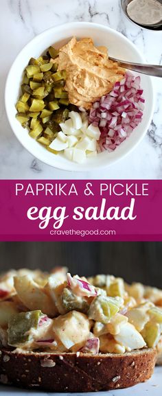 an egg salad with pickles, onions and other toppings in a white bowl