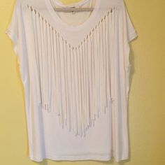 This Is A New, Super Soft, Longer Length T-Shirt By Freeway. Off-White, Cream Color, Never Worn. Super Cute With Skinny Jeans. Size Large. 28” From Shoulder To Hem. Box 18 Trendy Short Sleeve T-shirt With Fringe, Trendy Short Sleeve Fringe T-shirt, Summer Fringe Tops With Short Sleeves, Summer Short Sleeve Fringe Top, Casual Short Sleeve Fringe T-shirt, Trendy Fringe Short Sleeve T-shirt, Summer Fringe Short Sleeve Top, Casual Summer Fringe T-shirt, Spring Short Sleeve Tops With Fringe