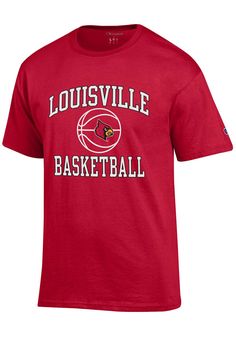 Show off your team pride in this Louisville Cardinals Red Basketball Short Sleeve T Shirt! This Louisville Short Sleeve Tee features a screen print of team name with Cardinal logo and basketball graphic on chest. Make sure everyone knows you root for the Cardinals with this Red Louisville T Shirt. Let's Go Cardinals! Screen printed graphic on chest, Tag-free heat transfer neck label, Double-needle stitched hemmed sleeves and bottom, Athletic Fit, Set-in neck rib, Shoulder-to-shoulder taping, C l Sporty University Logo T-shirt With Crew Neck, Sporty Tops With University Logo For Sports Events, Red Varsity T-shirt For Sports Season, Red Team Jersey T-shirt, Varsity Team Logo Jersey T-shirt, Red Jersey T-shirt With Team Name, Varsity Jersey T-shirt With Team Logo, Red Jersey T-shirt For Sports Season, Sporty University Logo Sports Tops