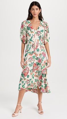 MISA Jamila Dress | Shopbop Fitted Floral Print Linen Midi Dress, Fitted Linen Midi Dress With Floral Print, Summer Viscose Dress With Gathered Sleeves, Skirt Floral, Paisley Floral, High Low Hem, Floral Print Dress, Puff Sleeves, Pleated Skirt