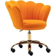 an orange office chair sitting on top of a metal casteor wheel with black wheels