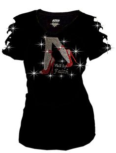 Bling Bling Walking By Faith High Heel Shoe Rhinestone T-Shirt,Ripped Cut Short Party T-shirt With Rhinestones And Short Sleeves, Embellished Fitted Cotton T-shirt, Fitted Cotton Embellished T-shirt, Cotton T-shirt With Rhinestones And Short Sleeves, Black Cotton T-shirt With Rhinestones, Cotton T-shirt With Rhinestones Short Sleeve, Cotton Short Sleeve T-shirt With Rhinestones, Walking In Faith, Walking By Faith