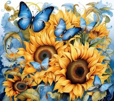 sunflowers and butterflies are depicted in this painting