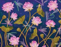 a painting of pink flowers and dragonflies on a blue background