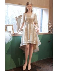 Buy vneck gold sequins high low sparkly party dress with dolman sleeves at wholesale price online. Free shipping and pro custom service since 2009. Gold Sparkly Dress Short, Organza Sleeves Style, Gold Dress Long Sleeve, Short Sparkly Dresses, Formal Dresses Knee Length, Gold Color Dresses, Gold Sparkly Dress, Gold Dress Short, Graduation Dresses Long