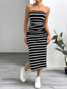 Women Black And White Striped Knitted Strapless Bodycon Dress Black and White Casual  Sleeveless Knitted Fabric Colorblock,Striped Bodycon High Stretch  Women Clothing, size features are:Bust: ,Length: ,Sleeve Length: Black Stretch Bandeau Bodycon Dress, Black Strapless Mini Dress For The Beach, Casual Black Strapless Spring Dress, Casual Black Strapless Dress For Spring, Black Strapless Casual Dress For Spring, Fitted Black Strapless Dress For Beach, Casual Striped Strapless Dress, Casual Strapless Striped Dress, Black Strapless Beach Dress