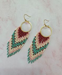 **Handwoven with Miyuki Round beads.** **Earwires are surgical steel and hoop 24k gold plated.** **Each earring  8 cm long and weighs  4g.** **Please keep your earrings away from water, chemicals, and perfume.** **BUY 3, PAY FOR 2 ON ALL JEWELRY** ♥♥Your order will be shipped with a surprise gift included♥♥ **Thanks for looking! Be sure to check out my other jewelry: serhatbeads.etsy.com** **If you have any questions, please feel free to contact me.** Handwoven Turquoise Bohemian Earrings, Bohemian Handwoven Turquoise Earrings, Red Bohemian Hoop Earrings For Beach, Bohemian Red Hoop Earrings For Beach, Adjustable Bohemian Beaded Round Earrings, Bohemian Turquoise Handwoven Beaded Earrings, Bohemian Beaded Hoop Earrings For Festivals, Bohemian Turquoise Beaded Round Earrings, Bohemian Woven Round Beads Earrings