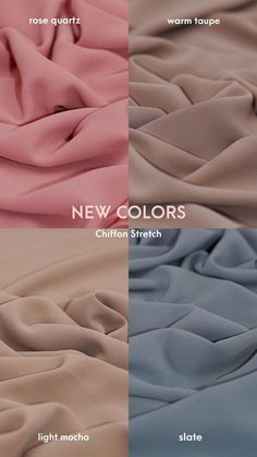 three different colors of fabric with the names new colors on each side and below them