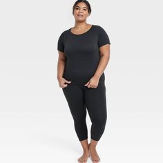 Why we're ALL IN: Everyday soft black leggings designed with an ultra-high-rise silhouette and flat seams. Made of midweight interlock fabric with spandex for flexible wear that moves with you. Moisture-wicking and quick-drying properties help keep you feeling cool and fresh during any activity, while the UPF 50+ rated material shields you from harmful UV rays. A wide pull-on waistband completes the design with a stay-put fit. All in Motion™: Made for every move, priced for every day. Black 4-way Stretch Leggings For Loungewear, Stretch Capri Length Activewear For Loungewear, Black Moisture-wicking Leggings For Loungewear, Black Stretch Capris For Loungewear, All In Motion, Leggings Design, Hem Style, Pullover Designs, Knitting Women