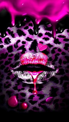 a leopard print with pink lipstick and hearts on it's lips is featured in the image