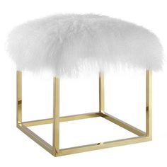 a white stool with gold frame and feathers on it's top, against a white background