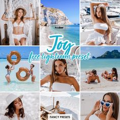 a collage of photos with the words joy lightroom preset in white and blue